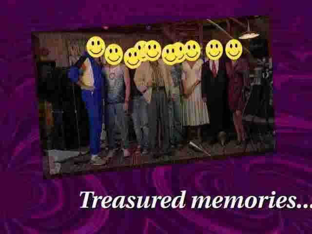 A photograph of several people standing shoulder-to-shoulder, superimposed on a 3D block in front of a swirly purple background. The faces of everyone in the picture have been hidden with smiley faces. An italic serif font reads 'treasured memories' at the bottom of the screen.