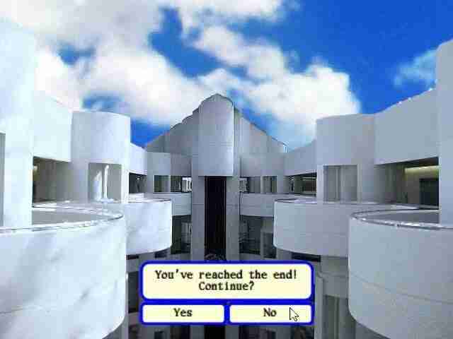 A photo of the inside of a modern building, taken from the top floor. The roof has been replaced with a cloudy, blue sky. An old-looking menu is at the bottom of the screen, asking the user if they want to continue, while a pointer hovers over the 'no' button. Additional context for blind users: the building in question is that of the American Cancer Society.