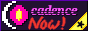 The text 'cadence now!' on a purple background. There is a moon-shaped logo on the left side and a tiny star in the bottom right.